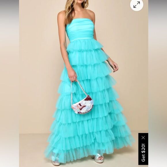 NWT Lulu’s Fabulous Existence Teal Green Tulle Strapless Tiered Maxi Dress Sz M - Picture 1 of 15